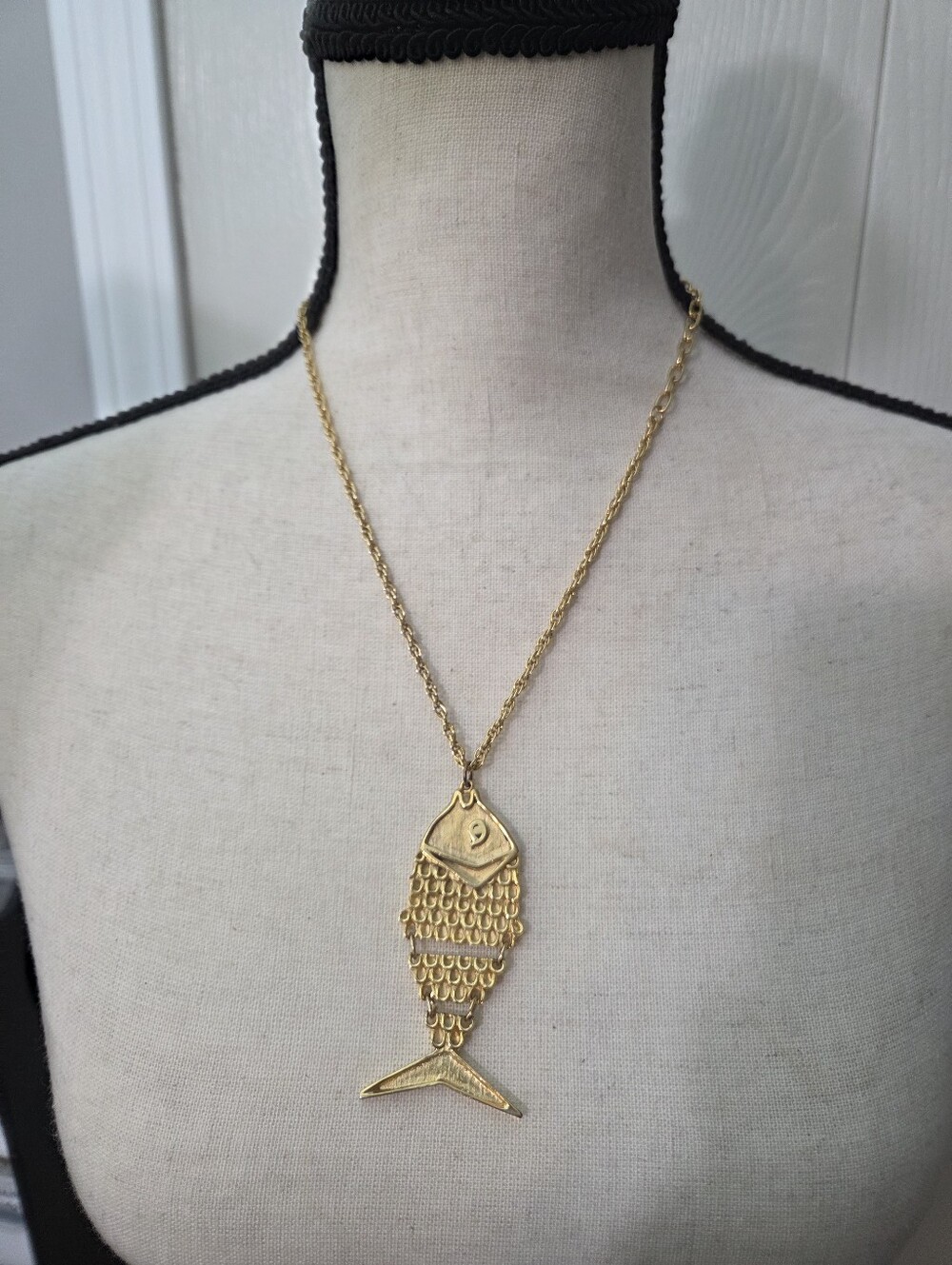 large oversized articulationg fish pendant long necklace scales carved whimsical